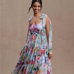 BHLDN Isabella Tiered Square-Neck A-Line Midi Dress ~ Blue ~ Size 14, EEUC